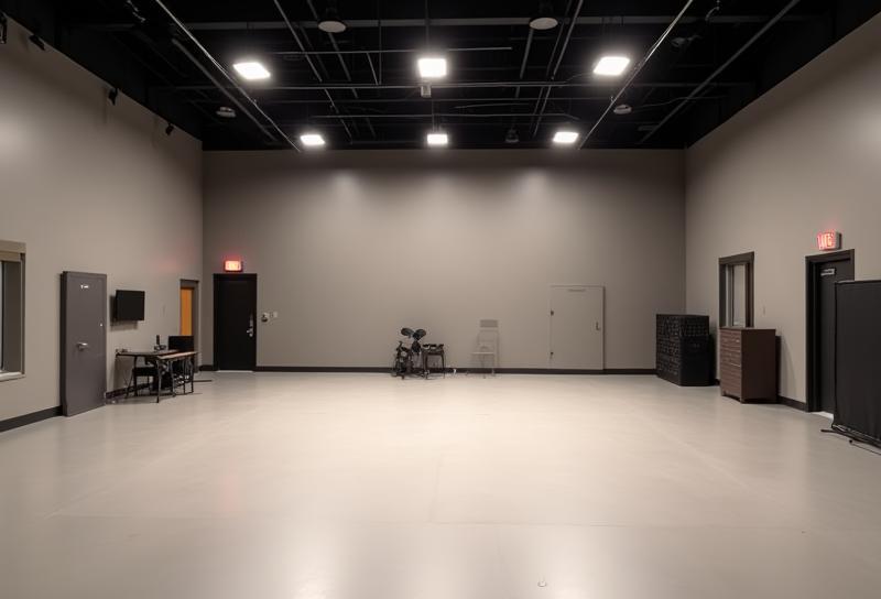 Interior view of Natya Darpan Acting Studio's spacious and well-equipped rehearsal space with stage lighting and comfortable flooring.