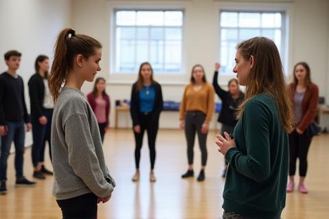 Students participating in a beginner acting exercise focusing on fundamental stage presence and expression.