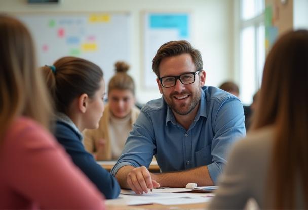 Instructor interacting closely with students in a classroom setting