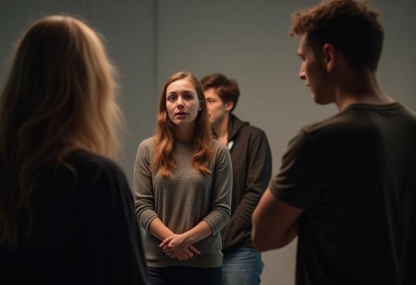 Students practicing a scene for the camera with minimal props
