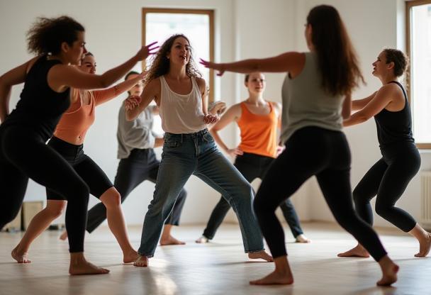 Group of students engaged in a movement workshop exercise
