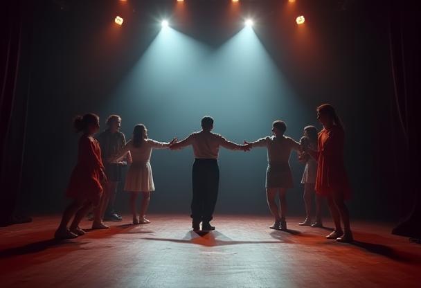 Students performing dramatically on a practice stage with theatrical lighting