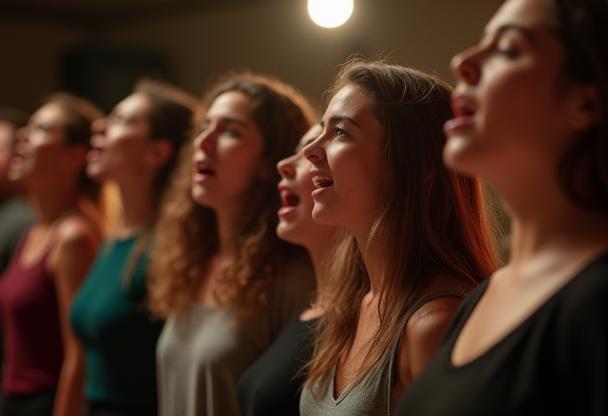 Students practicing voice exercises with open posture