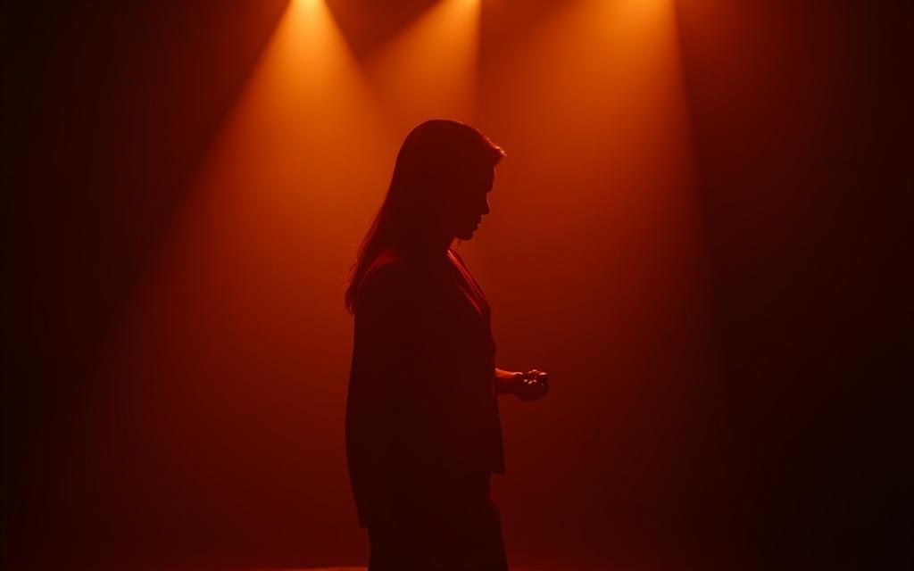 Dramatic image of actors on a stage or in a studio setting, bathed in warm stage lights.