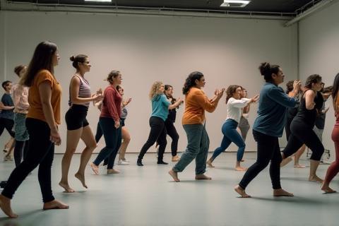 Group of actors performing a movement exercise in a studio, focusing on physical expression and body control.